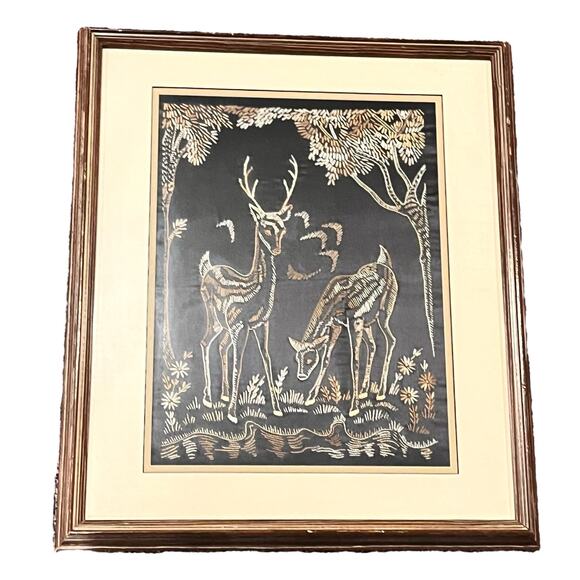VTG 1930s Embroidery Under Glass DEER ART Framed Doe Buck Forest Stream 18.5x22" - Picture 7 of 9